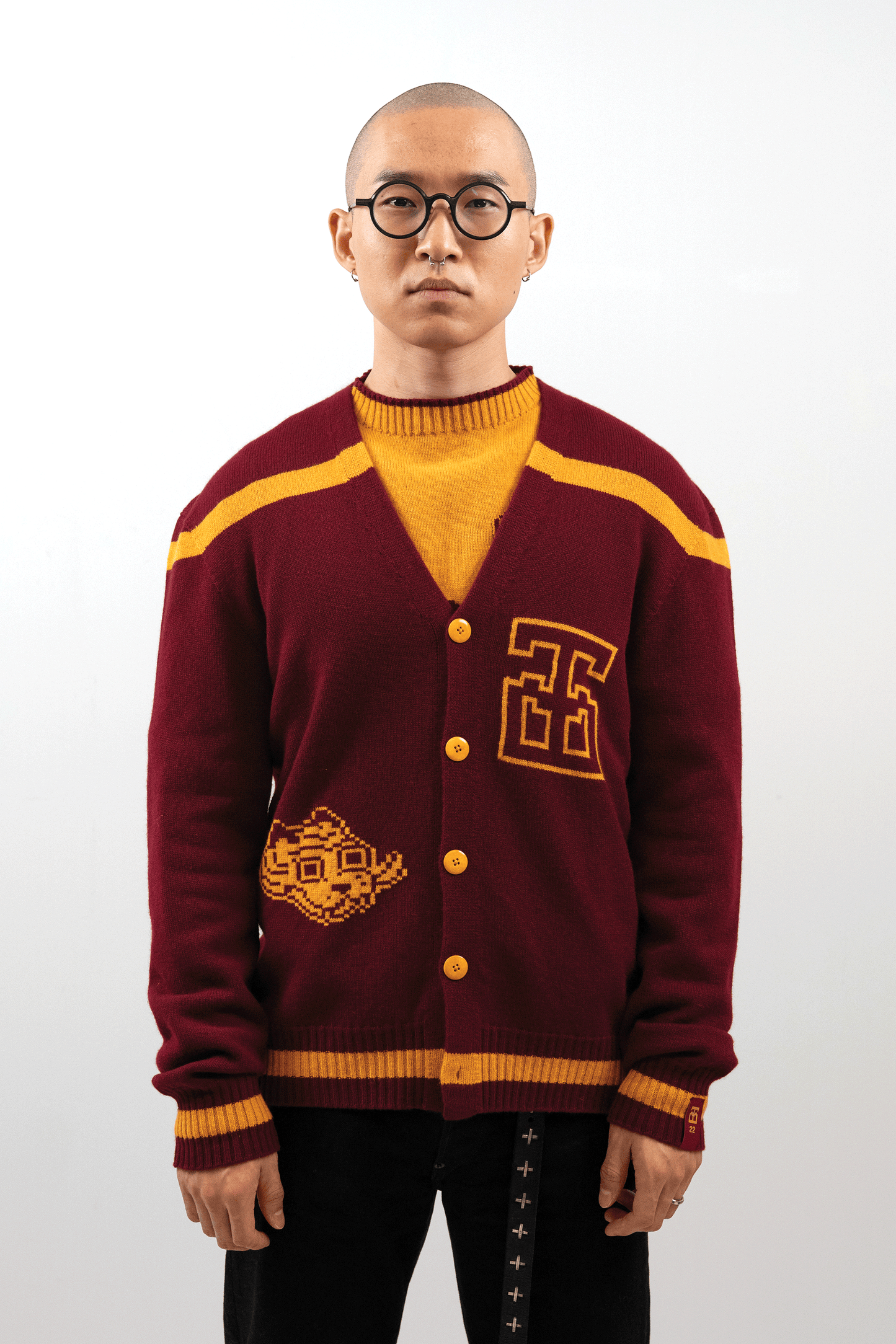 Jacquard Varsity Cardigan // Burgundy/Ochre