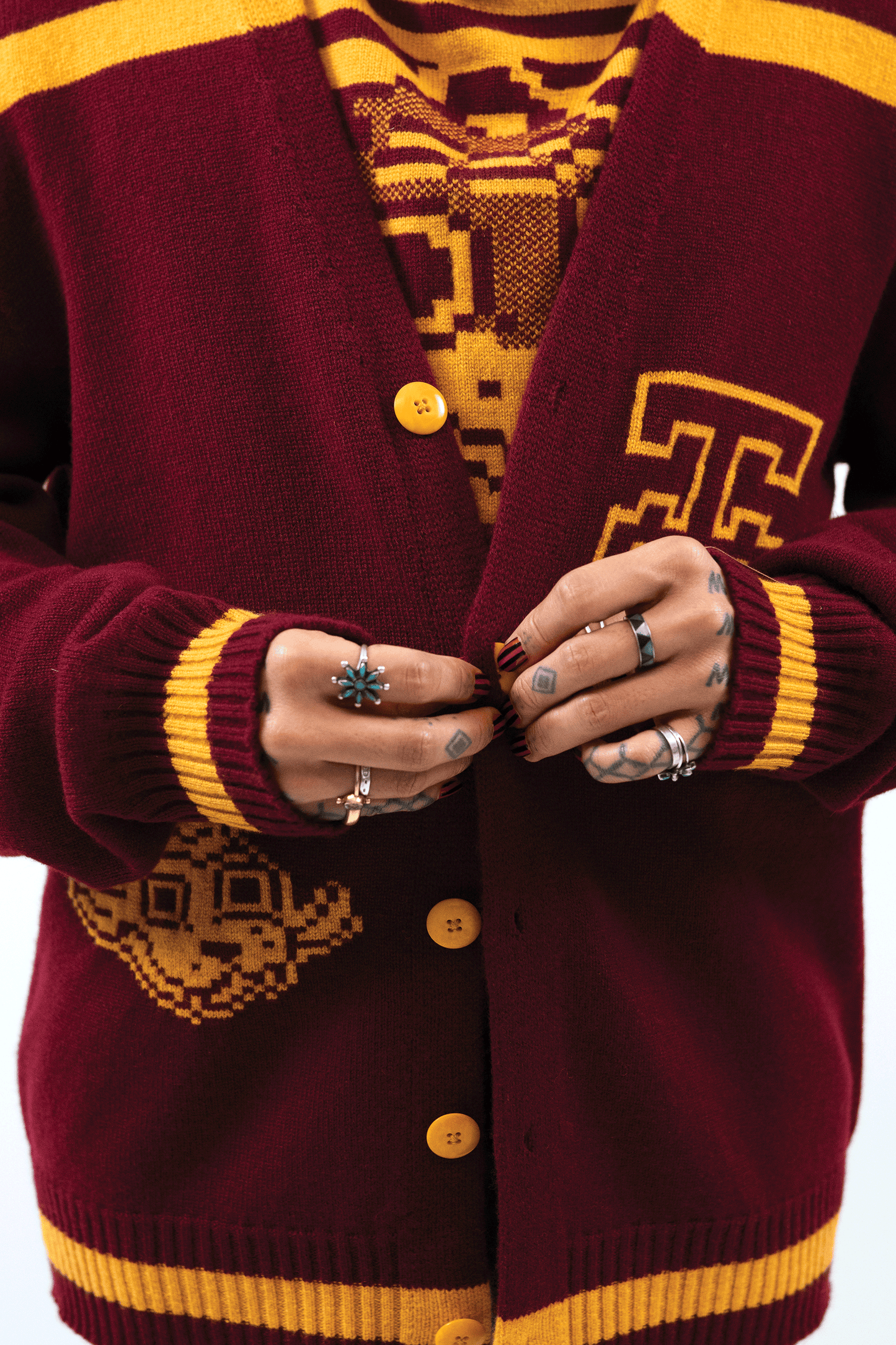 Jacquard Varsity Cardigan // Burgundy/Ochre