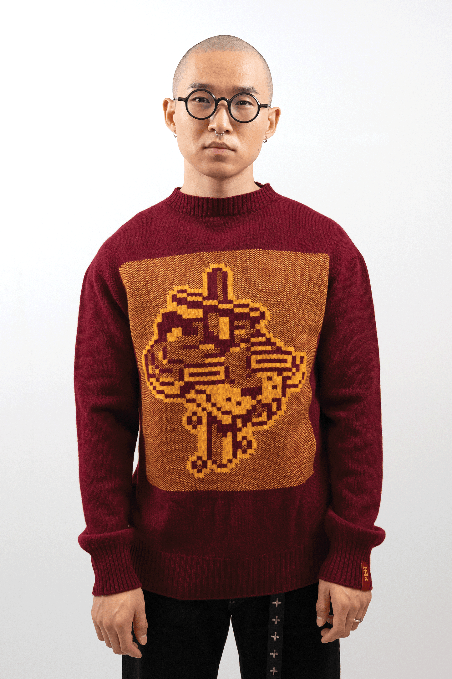Jacquard Tigerbob Sword Sweater // Burgundy/Ochre