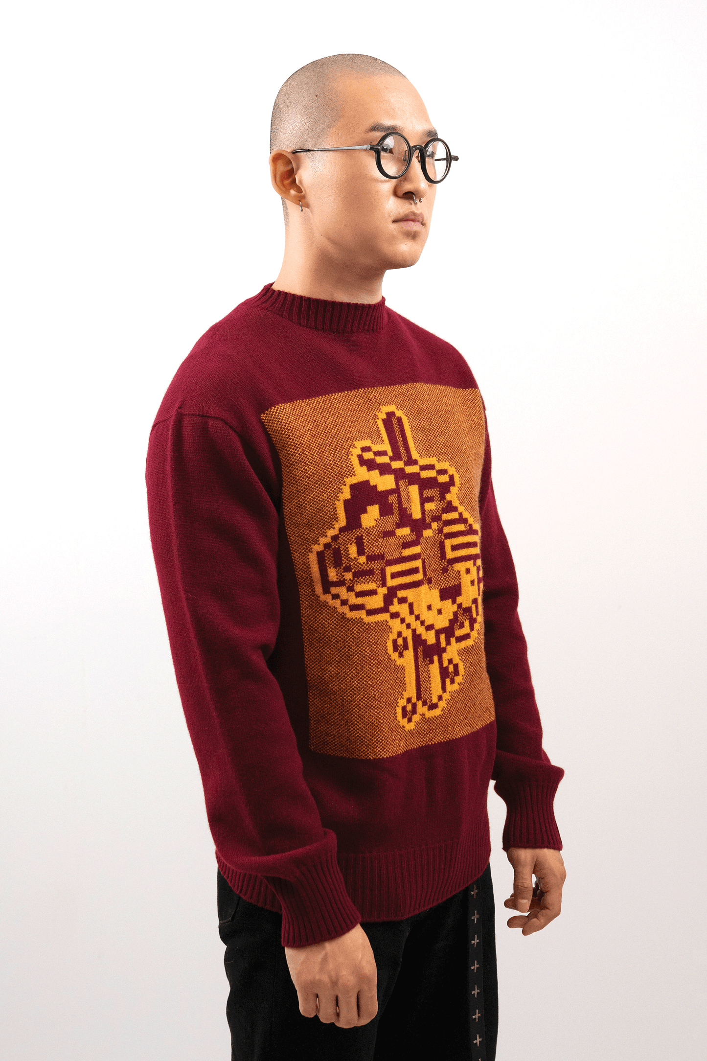 Jacquard Tigerbob Sword Sweater // Burgundy/Ochre
