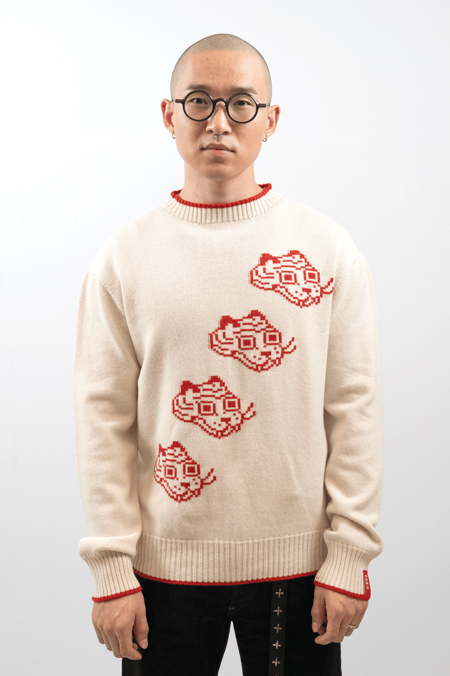 Intarsia Knit Tigerbob Crewneck // Cream/Scarlet