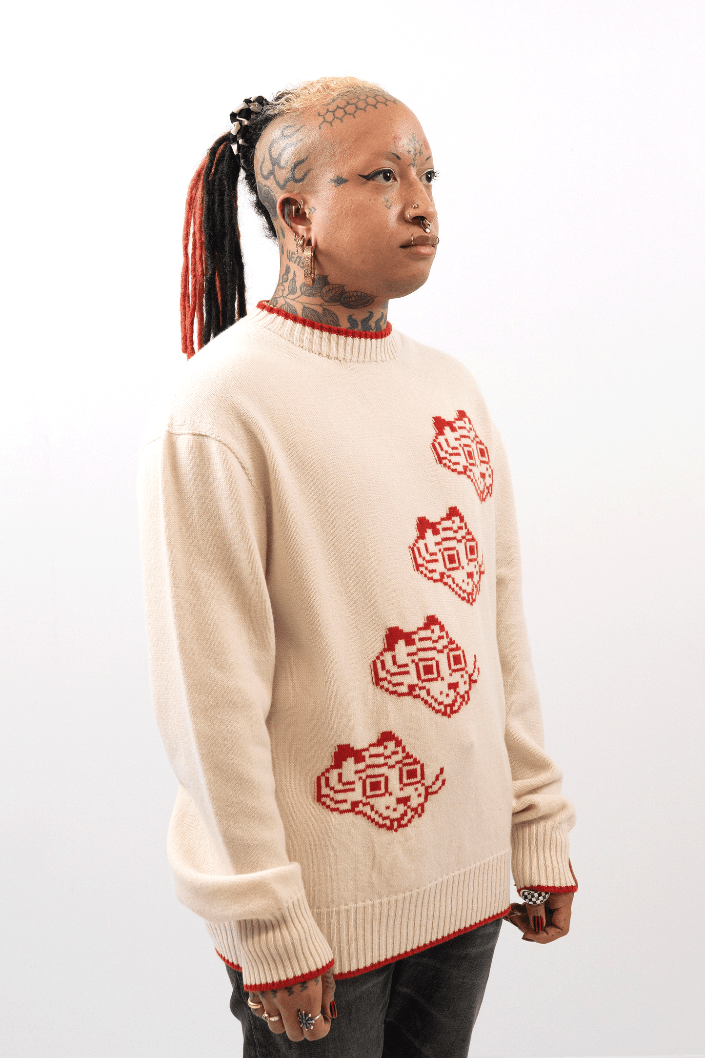 Intarsia Knit Tigerbob Crewneck // Cream/Scarlet