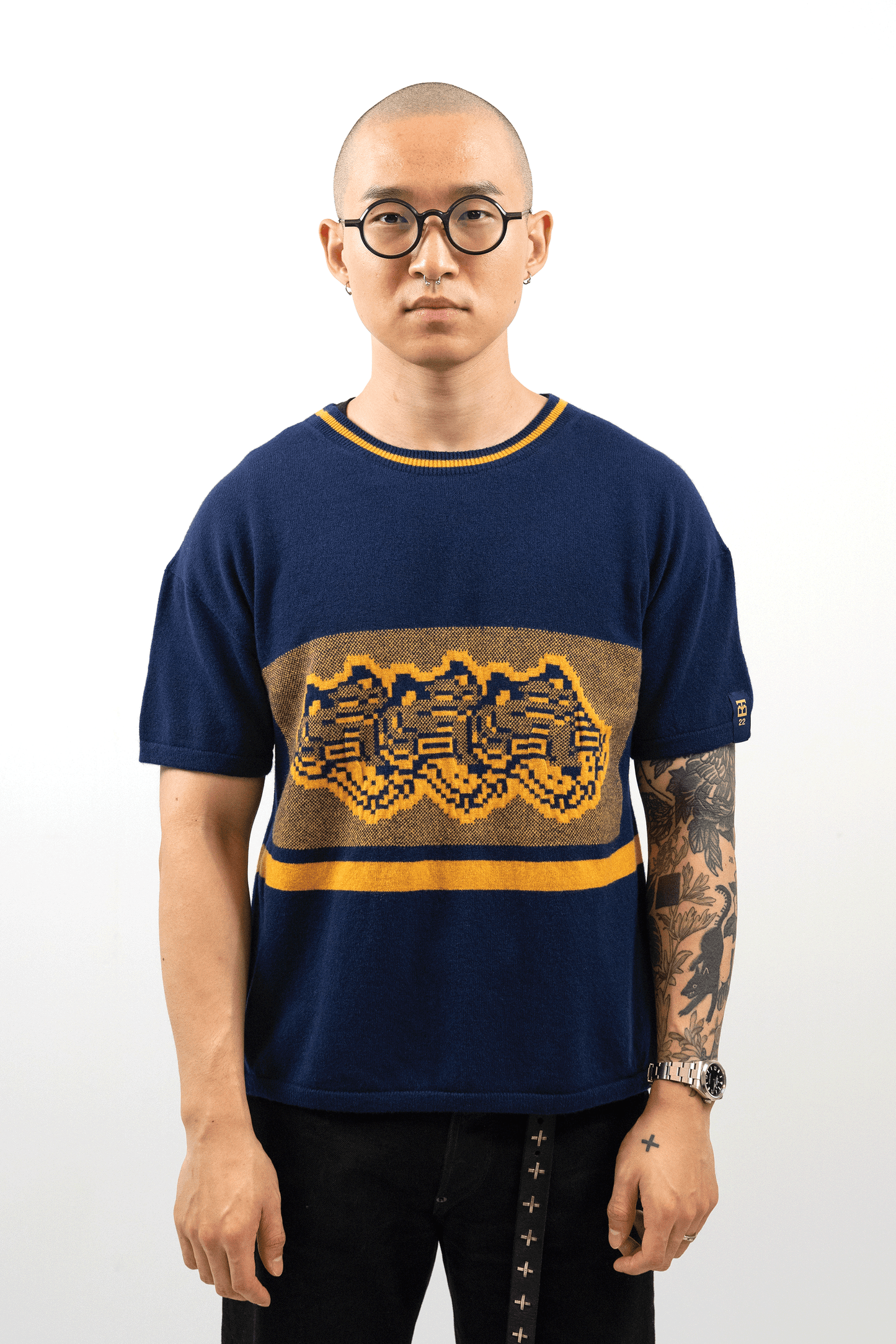 Intarsia Knit Boxy Tshirt // Midnight/Ochre