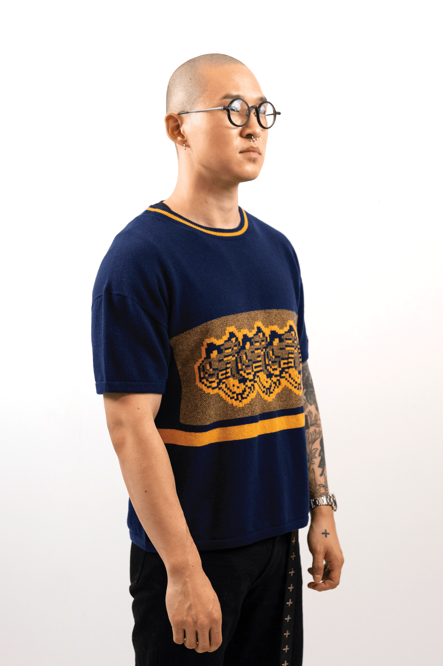 Intarsia Knit Boxy Tshirt // Midnight/Ochre