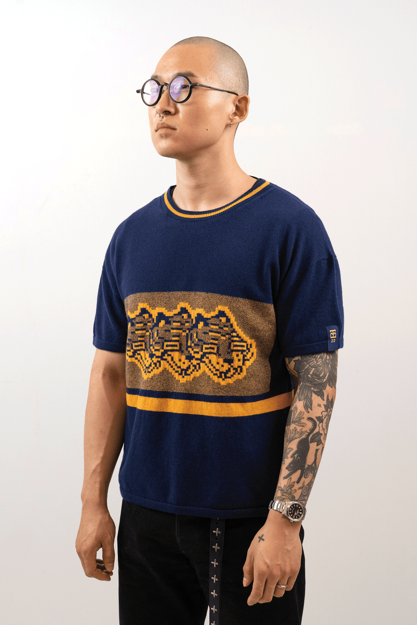 Intarsia Knit Boxy Tshirt // Midnight/Ochre