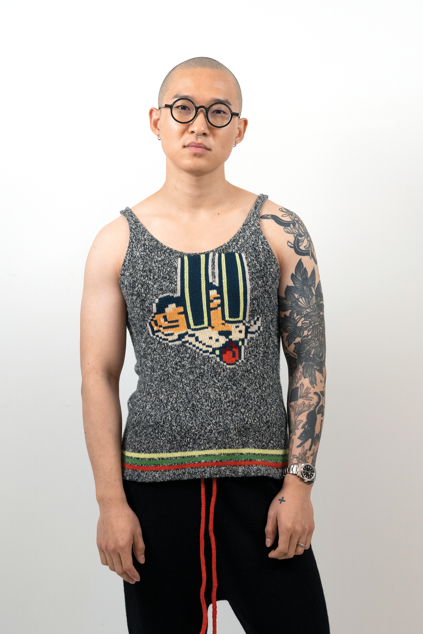 Black/White Marled Tigerbob Long Eyes Tank Top // OOAK