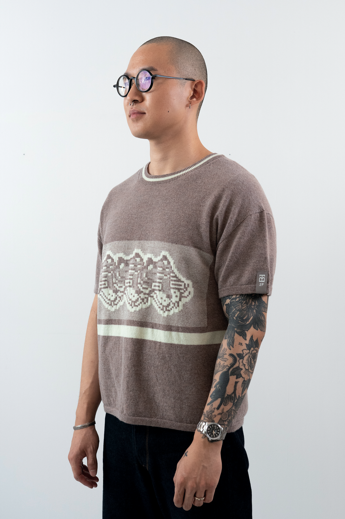 Intarsia Knit Boxy Tshirt // Pigeon/Frost