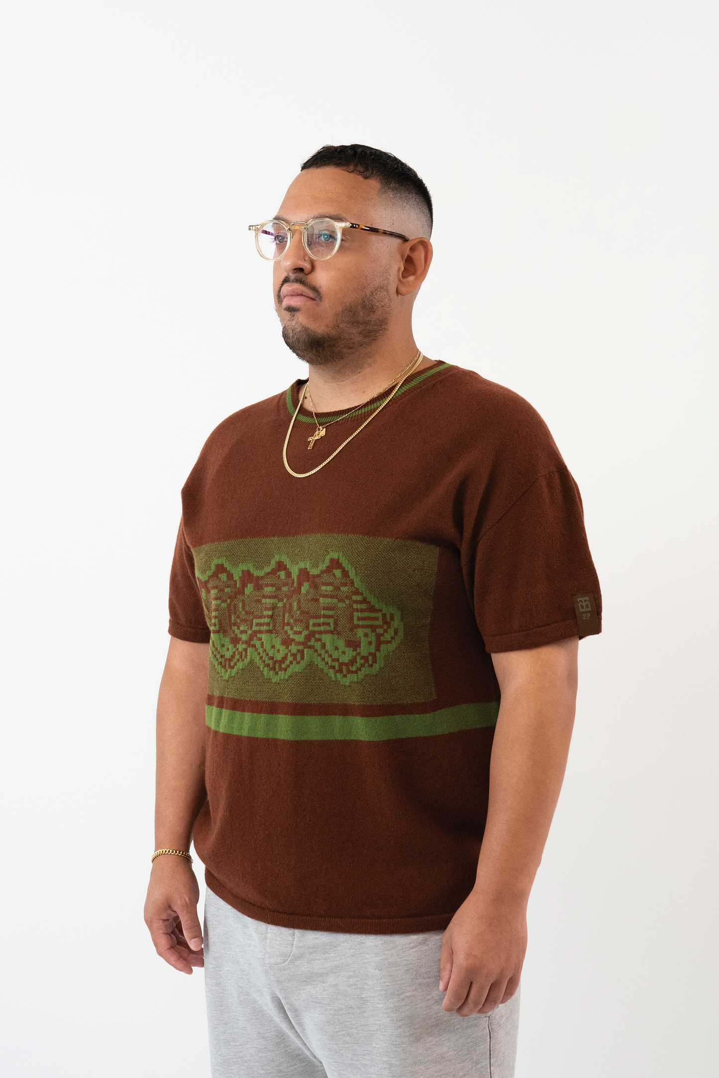 Intarsia Knit Boxy Tshirt // Mahogany/Mossy