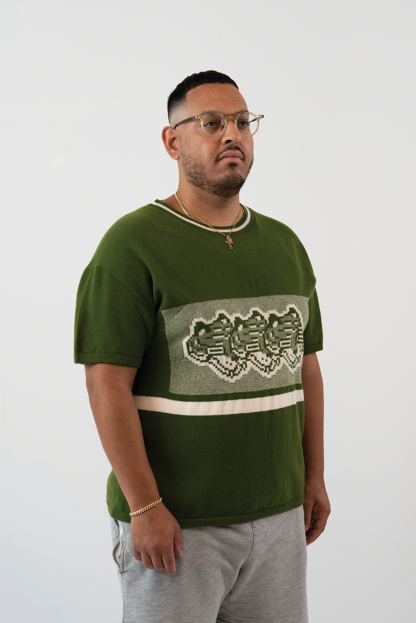 Intarsia Knit Boxy Tshirt // Mossy/White