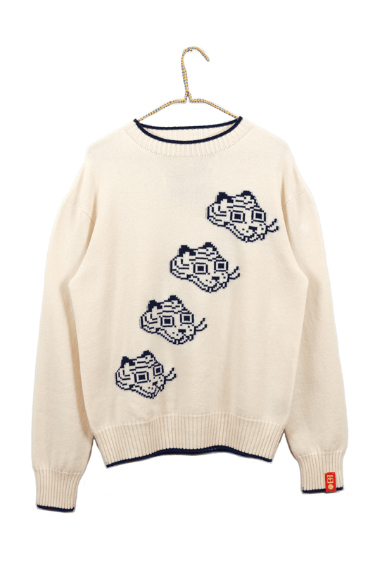 Intarsia Knit Tigerbob Crewneck // White/Midnight