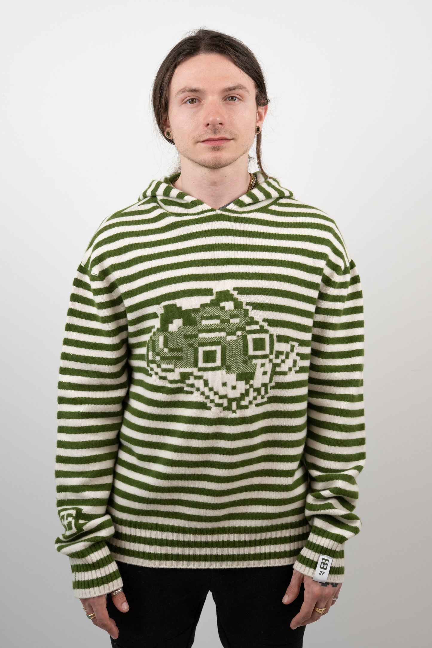 Super Striped - Jacquard Tigerbob Hoodie // Mossy/White